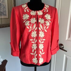 Nygard Blazer Orange w cream embroidered beaded flowers. Fully lined. Size 10.